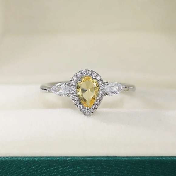 🌸925 Silver Yellow Water Drop Romantic Crystal Diamond Ring for Women, K778